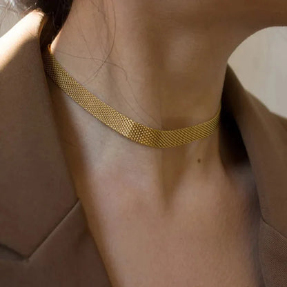 18k Layered Gold Mesh Choker Necklace and Bracelet