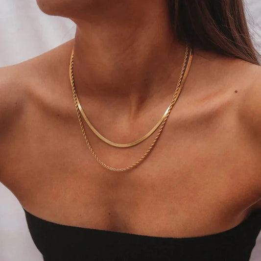 18k Layered Herringbone & Rope Chain Necklace