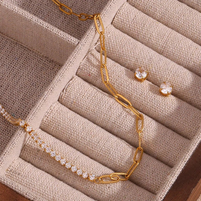 18k Paperclip Chain Tennis Necklace, Bracelet, and Earrings