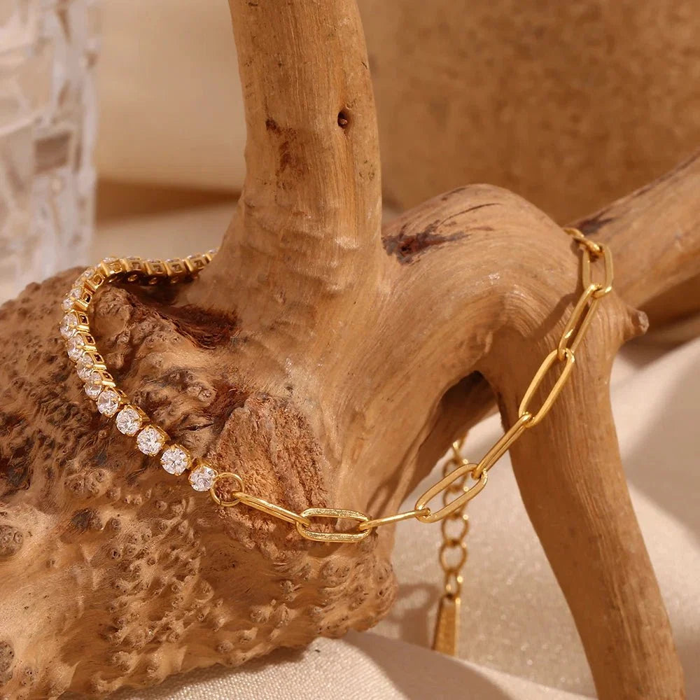 18k Paperclip Chain Tennis Necklace, Bracelet, and Earrings