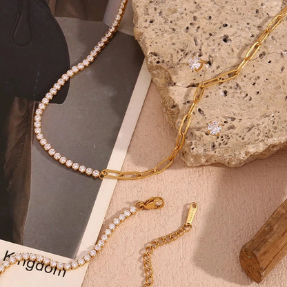 18k Paperclip Chain Tennis Necklace, Bracelet, and Earrings