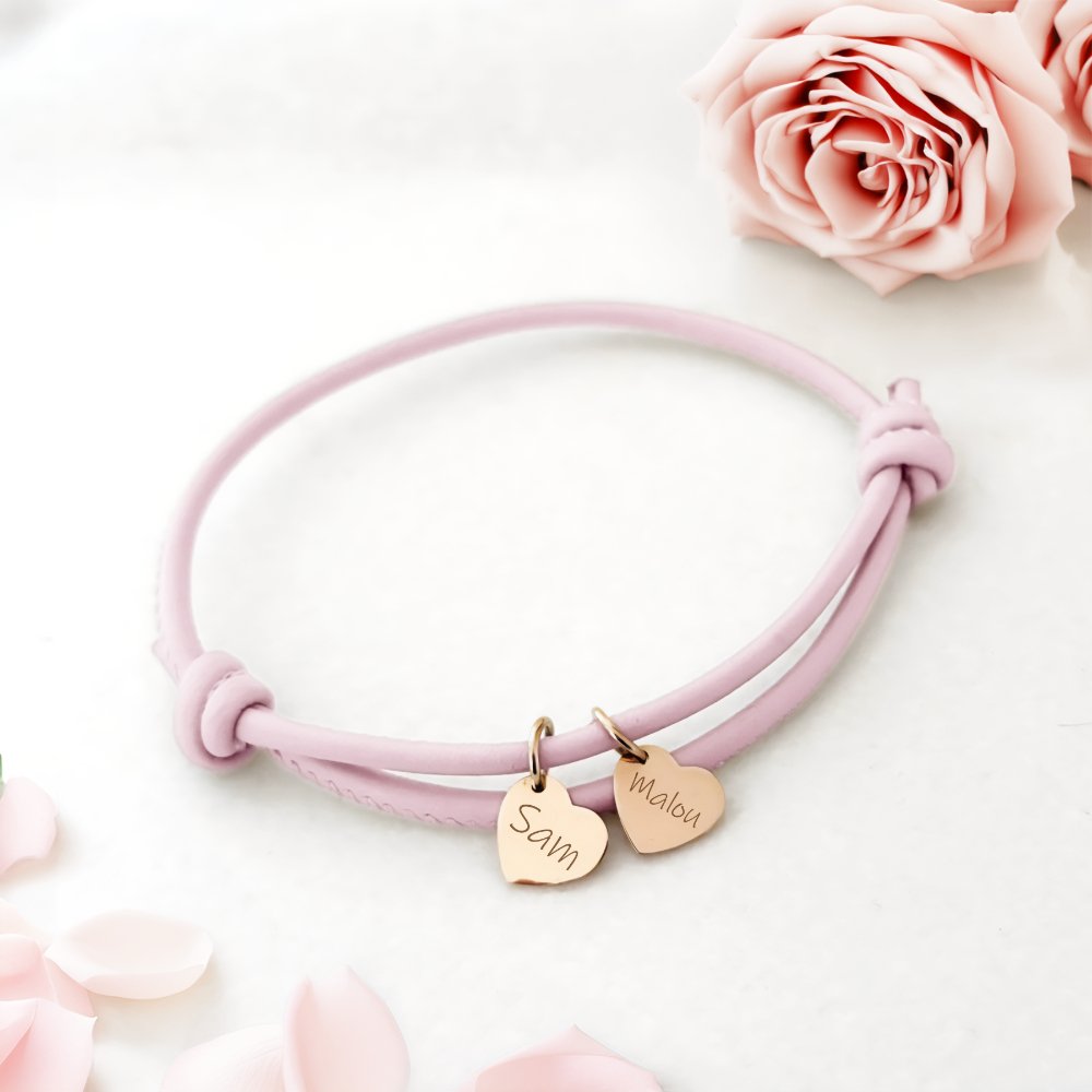 18k Personalized Leather Heart Charm Bracelet