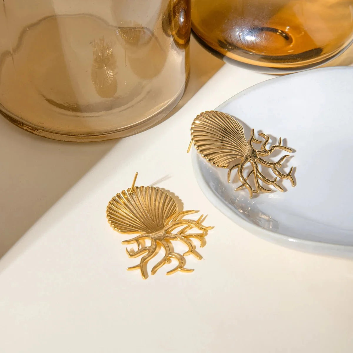 18k Sea Shell Coral Earrings