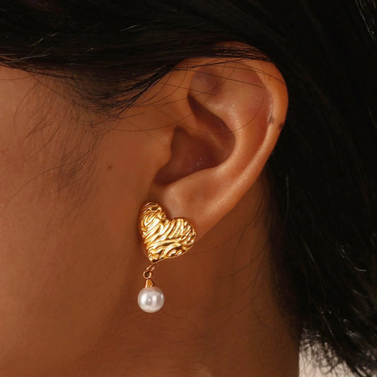 18k Textured Heart Pearl Earrings