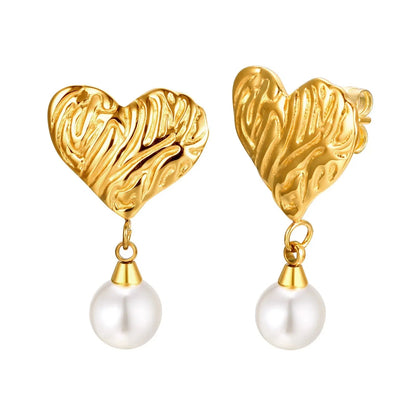 18k Textured Heart Pearl Earrings
