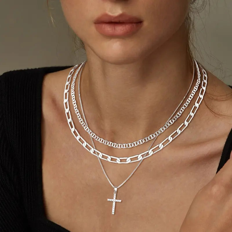 3pc 14k Layered Cross Necklace Stack