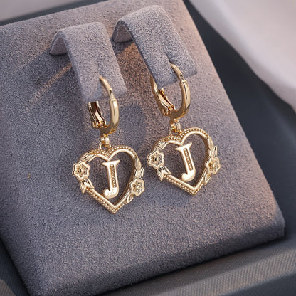Dainty Initial Letter Heart Hoop Earrings