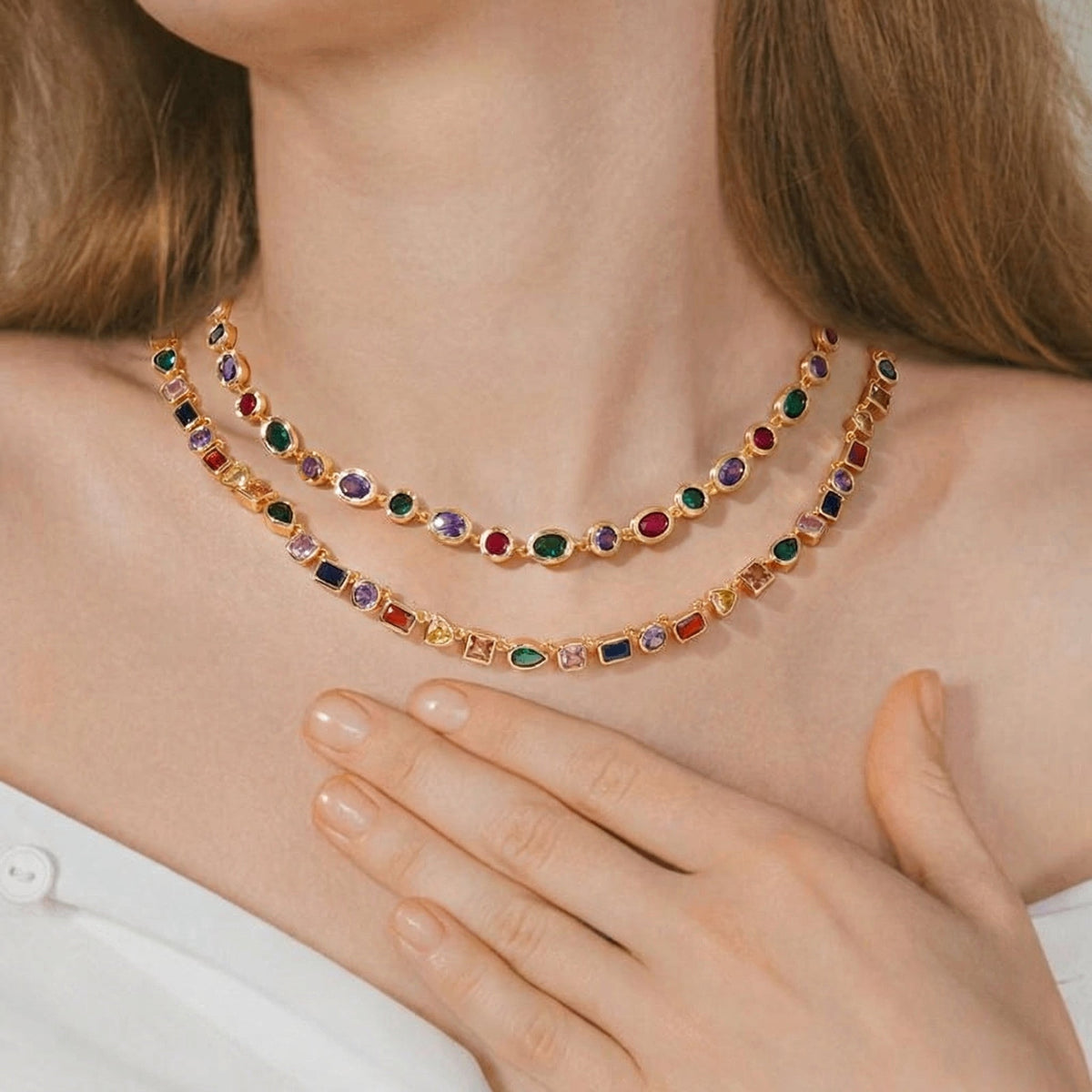 18k Colorful Shaped Gem Tennis Necklace