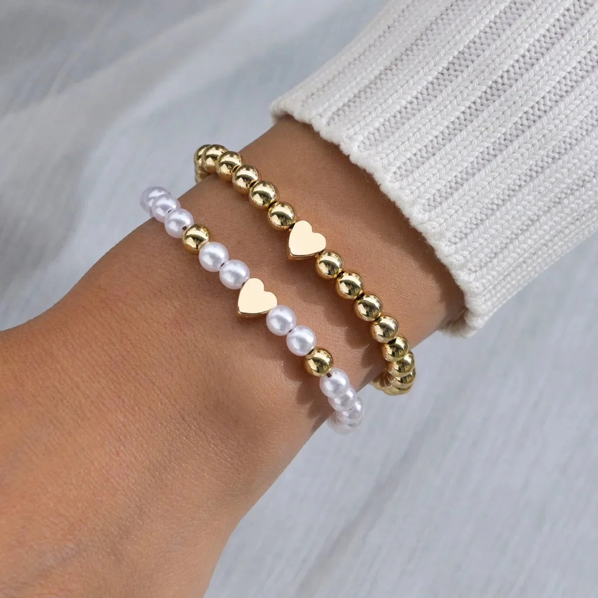 2pcs Classy White & Gold Beaded Heart Bracelets