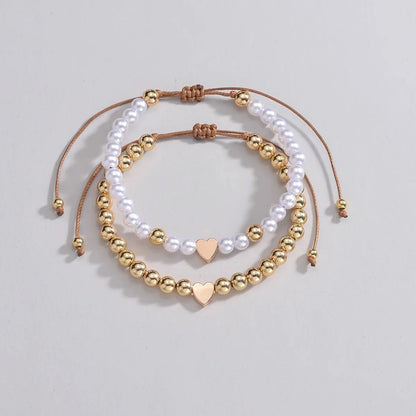 2pcs Classy White & Gold Beaded Heart Bracelets
