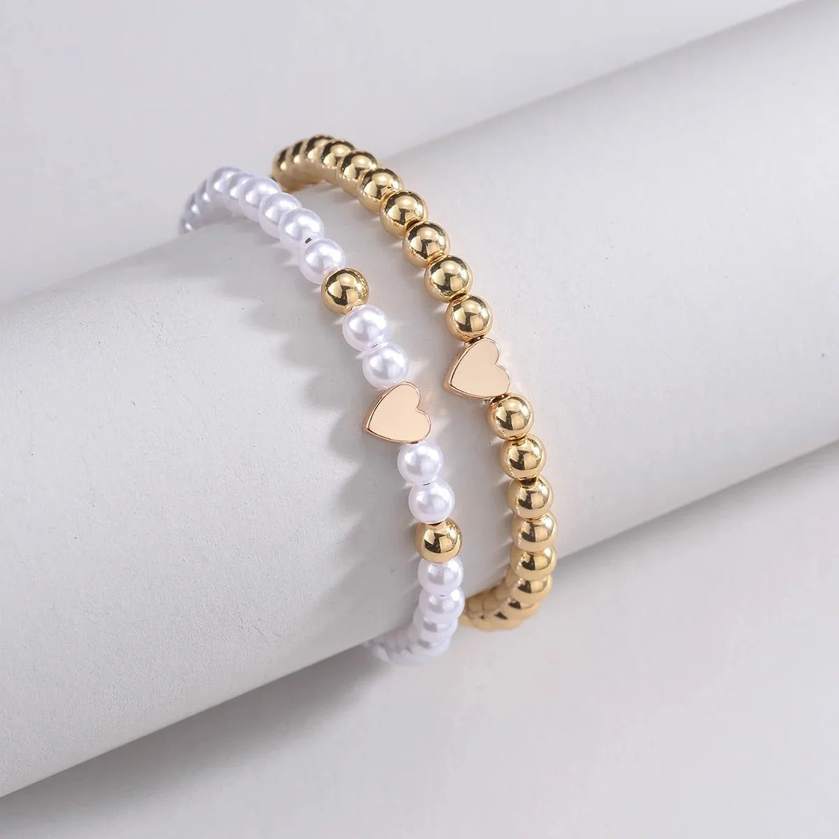 2pcs Classy White & Gold Beaded Heart Bracelets