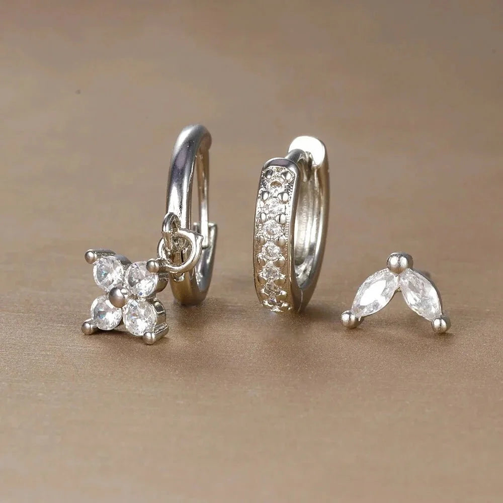 3pc Dainty Floral Huggie Whale Earrings Set
