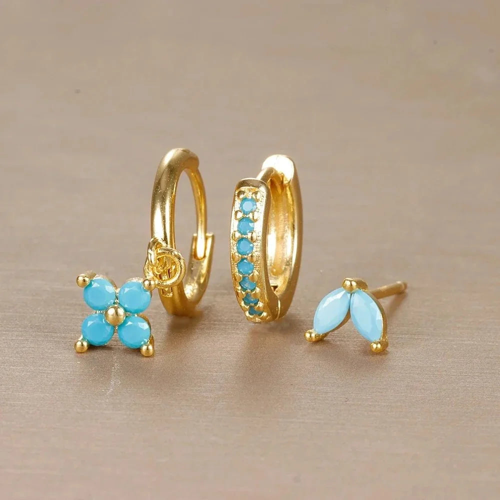 3pc Dainty Floral Huggie Whale Earrings Set