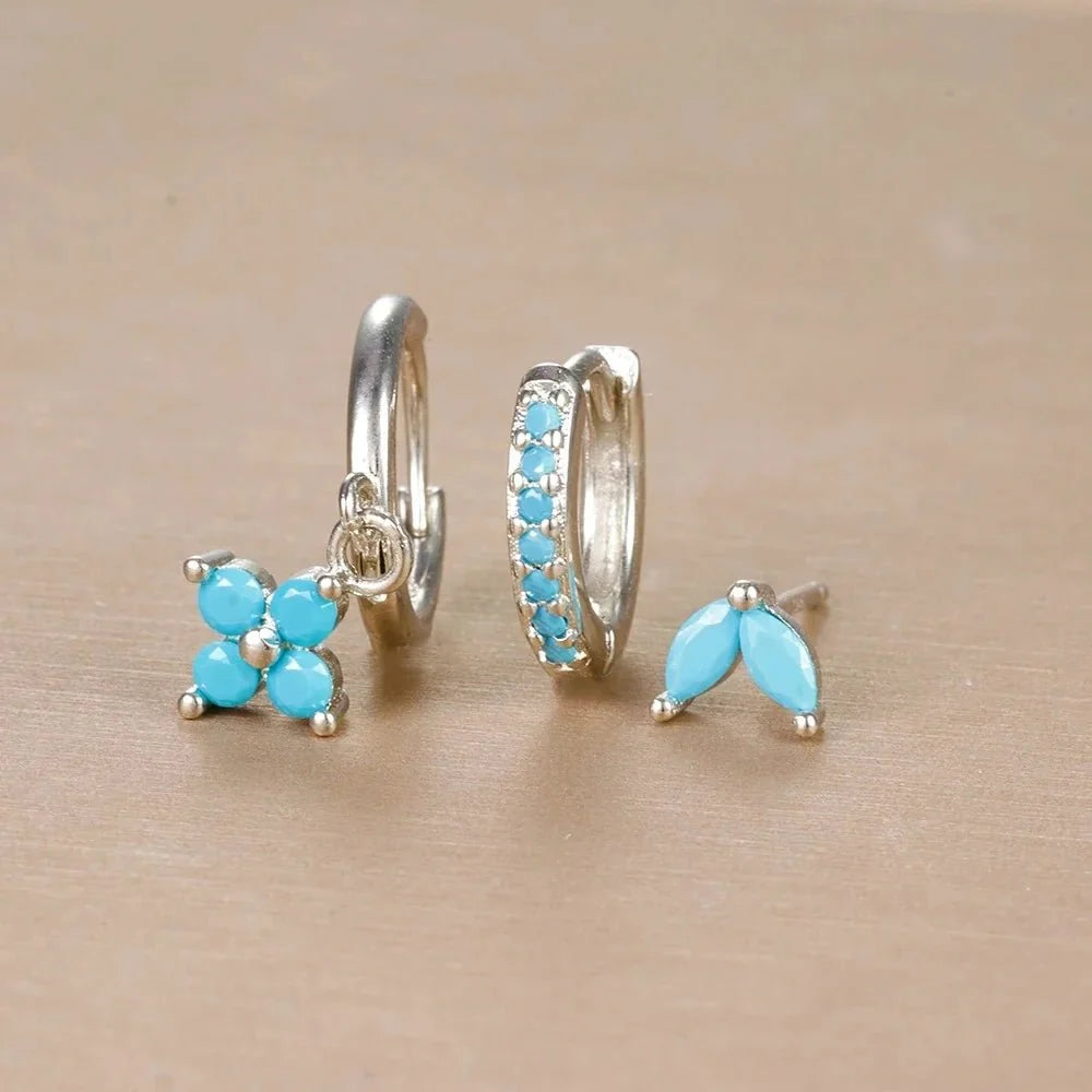 3pc Dainty Floral Huggie Whale Earrings Set