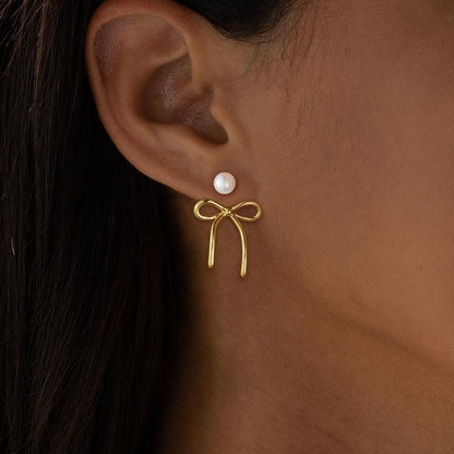 14k Pearl Accented Dangle Bow Earrings