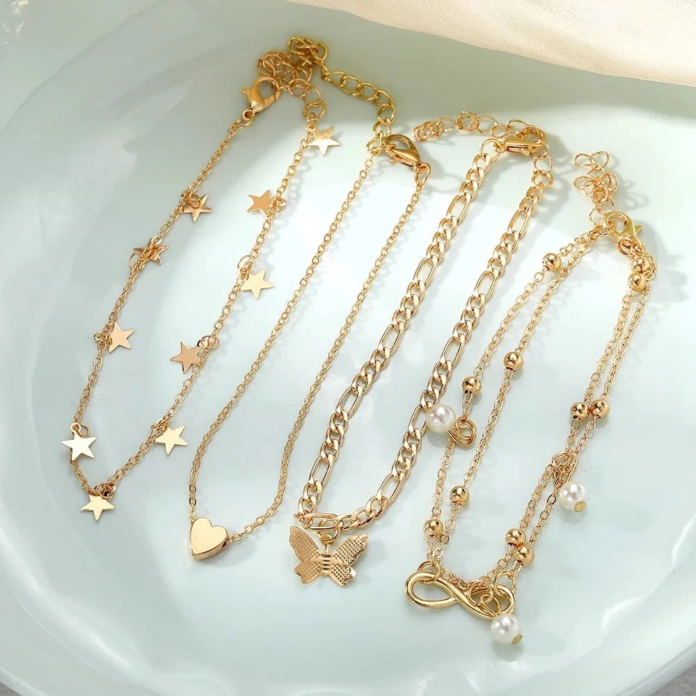 5pcs Dainty Feminine Anklet Set (Stars, Heart, Butterfly, Infinity, Pearls)