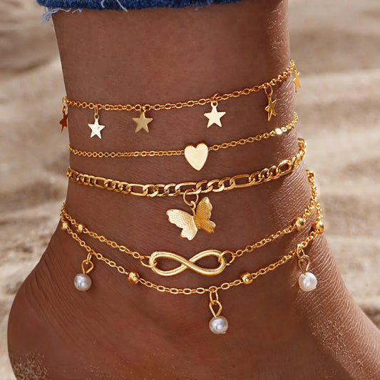 5pcs Dainty Feminine Anklet Set (Stars, Heart, Butterfly, Infinity, Pearls)