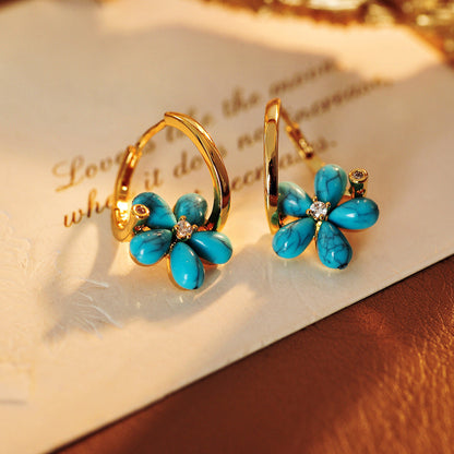 14k Diamond Center Lapis Flower Earrings