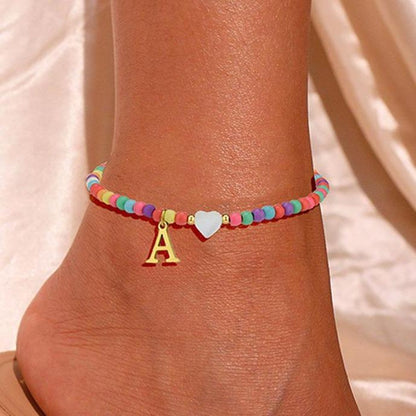 Colorful Pearl Heart Initial Anklet