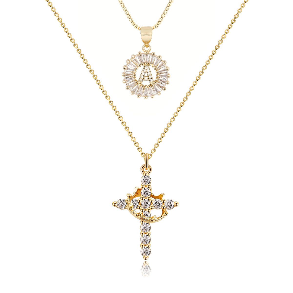 2pc 14k Diamond Cross Crown & Initial Necklace Set