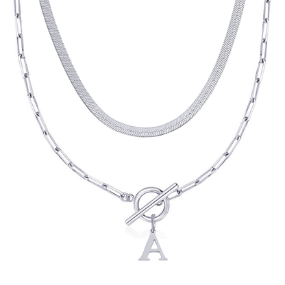 2pc Paperclip Initial Toggle Clasp & Herringbone Necklace Set