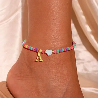 Colorful Pearl Heart Initial Anklet