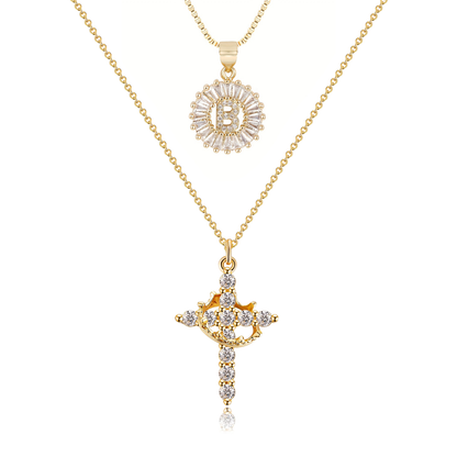 2pc 14k Diamond Cross Crown & Initial Necklace Set