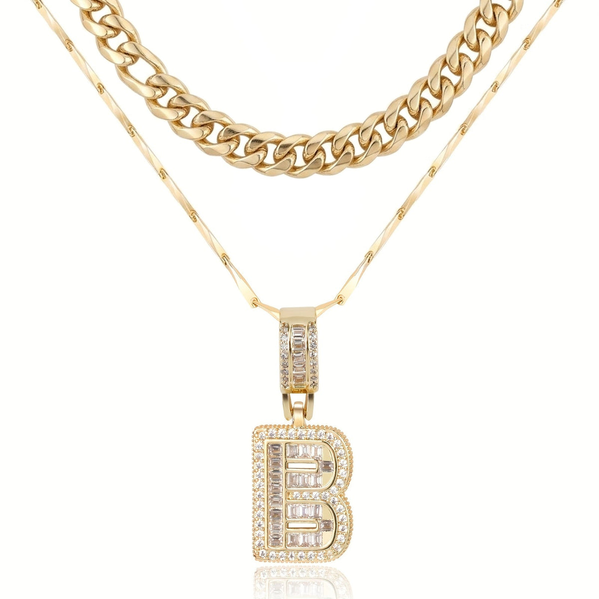 2pc 14k Layered Cuban & Initial Necklaces