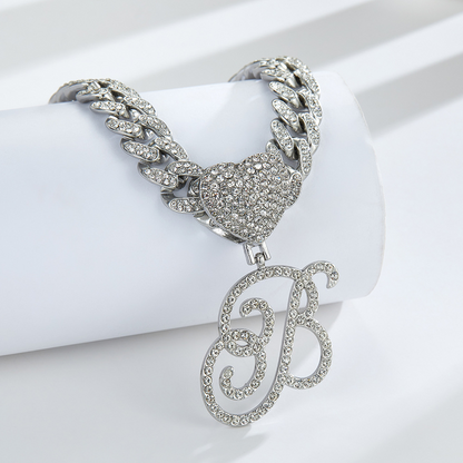 Cursive Diamond Accented Initial Cuban Heart Necklace