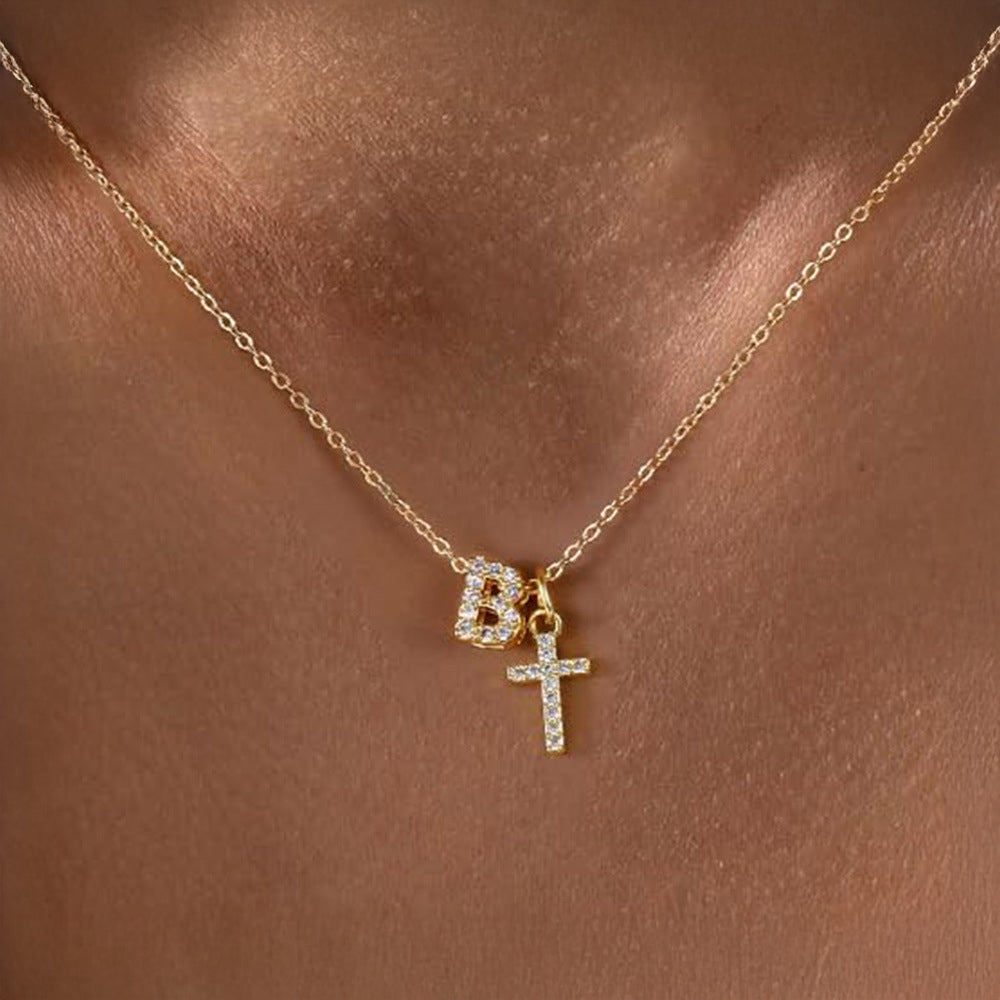 Dainty Diamond Initial & Cross Necklace