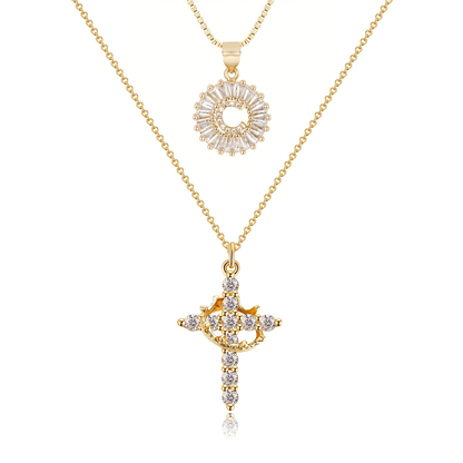 2pc 14k Diamond Cross Crown & Initial Necklace Set