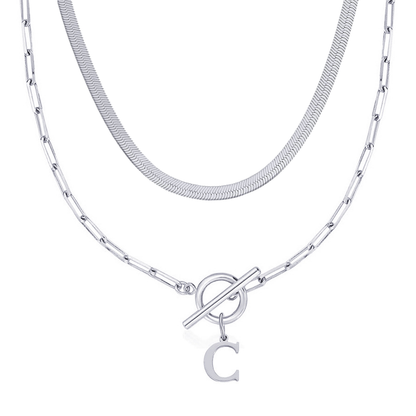 2pc Paperclip Initial Toggle Clasp & Herringbone Necklace Set