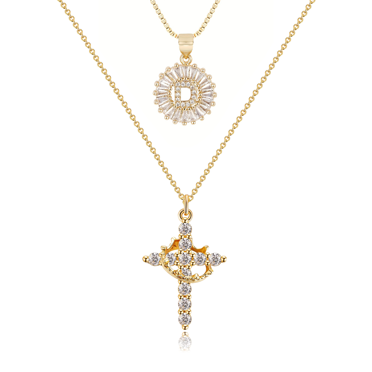 2pc 14k Diamond Cross Crown & Initial Necklace Set