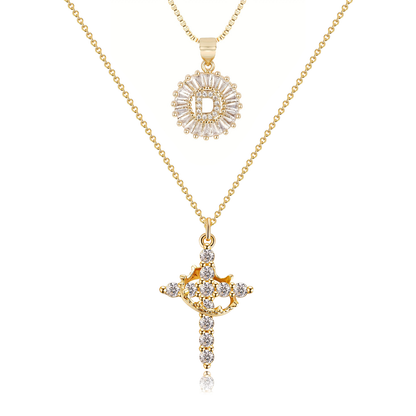 2pc 14k Diamond Cross Crown & Initial Necklace Set