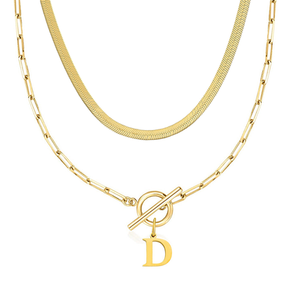 2pc Paperclip Initial Toggle Clasp & Herringbone Necklace Set