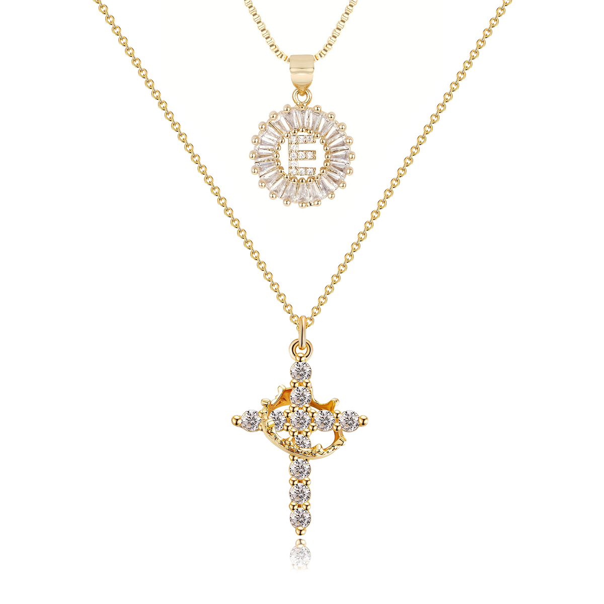 2pc 14k Diamond Cross Crown & Initial Necklace Set