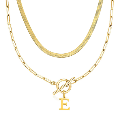 2pc Paperclip Initial Toggle Clasp & Herringbone Necklace Set