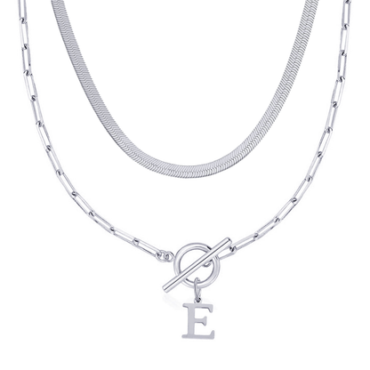 2pc Paperclip Initial Toggle Clasp & Herringbone Necklace Set