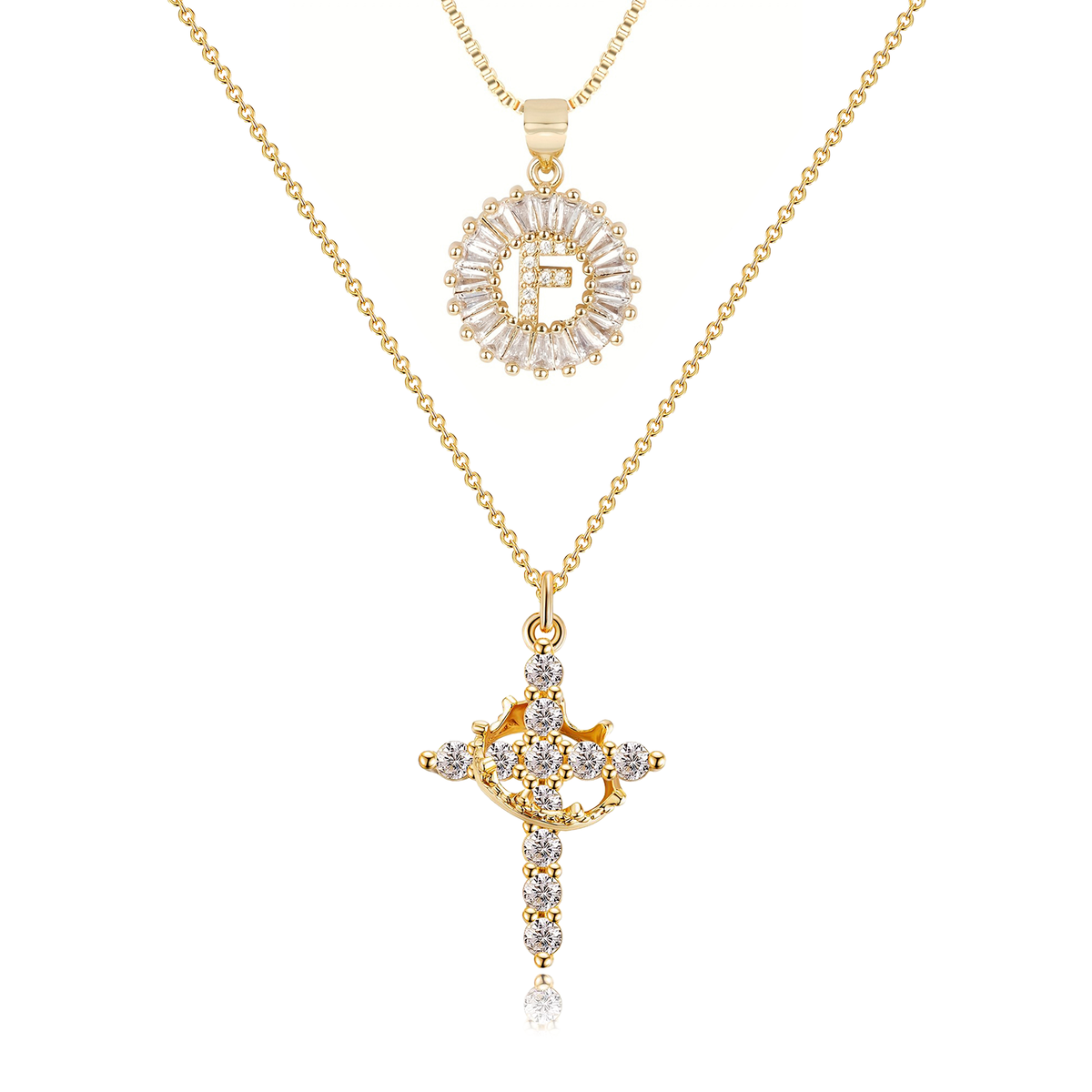 2pc 14k Diamond Cross Crown & Initial Necklace Set