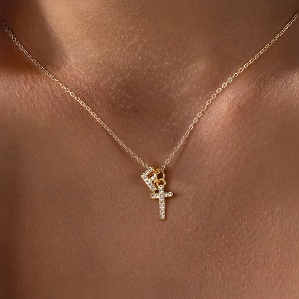 Dainty Diamond Initial & Cross Necklace