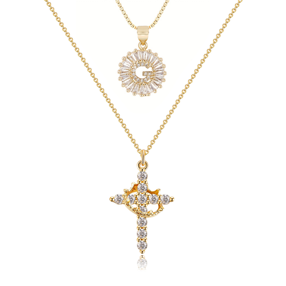 2pc 14k Diamond Cross Crown & Initial Necklace Set