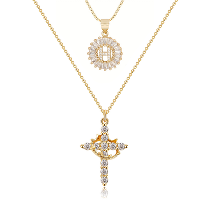 2pc 14k Diamond Cross Crown & Initial Necklace Set