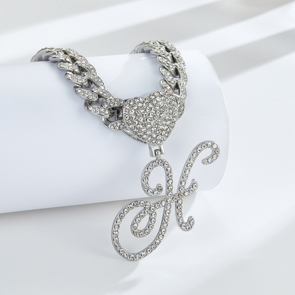 Cursive Diamond Accented Initial Cuban Heart Necklace