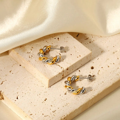 18k Two Tone Twist Spiral C Hoop Earrings