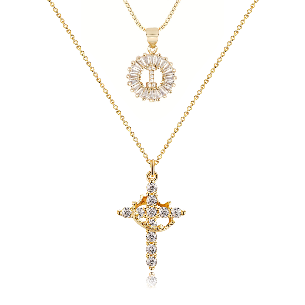2pc 14k Diamond Cross Crown & Initial Necklace Set