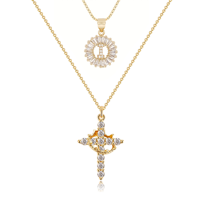 2pc 14k Diamond Cross Crown & Initial Necklace Set