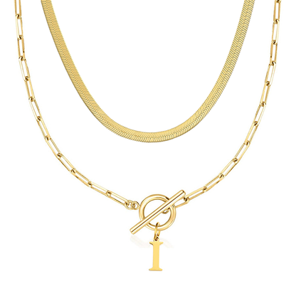 2pc Paperclip Initial Toggle Clasp & Herringbone Necklace Set