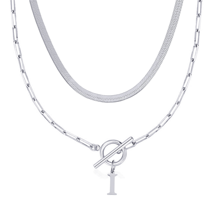 2pc Paperclip Initial Toggle Clasp & Herringbone Necklace Set