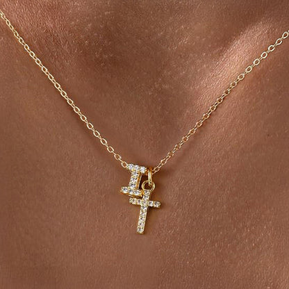 Dainty Diamond Initial & Cross Necklace