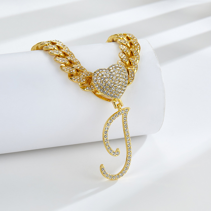 Cursive Diamond Accented Initial Cuban Heart Necklace